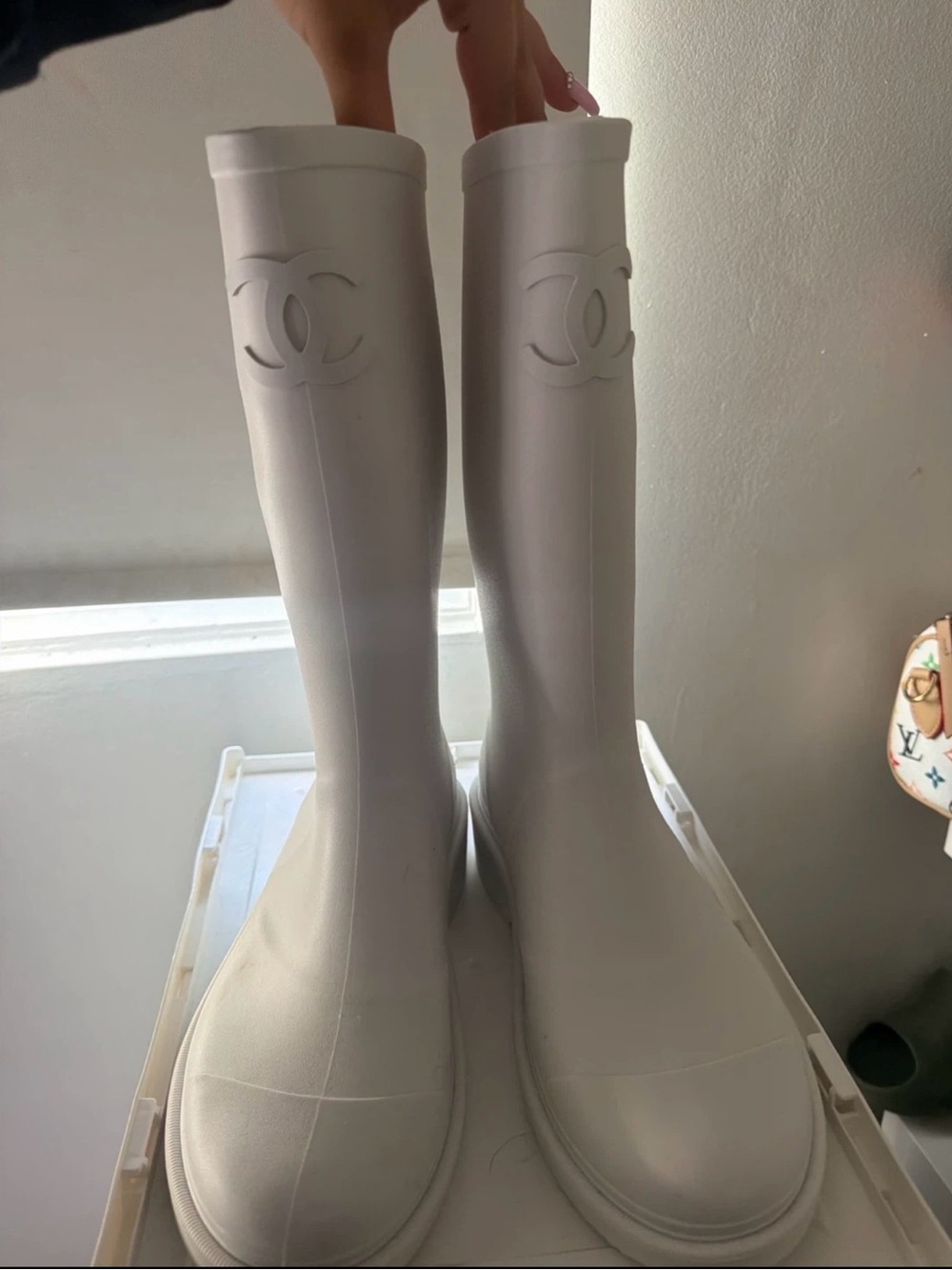 CHANEL White Over-the-Knee Rubber Boots with Embossed CC